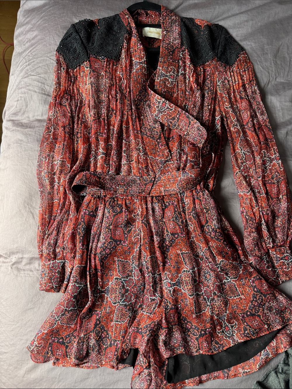 Zimmermann Red Paisley Long-Sleeve Jumpsuit with Black Lace